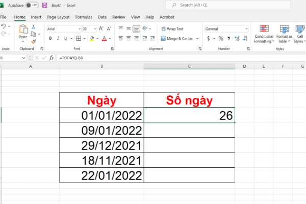 Hàm tính số ngày trong Excel từ ngày hiện tại